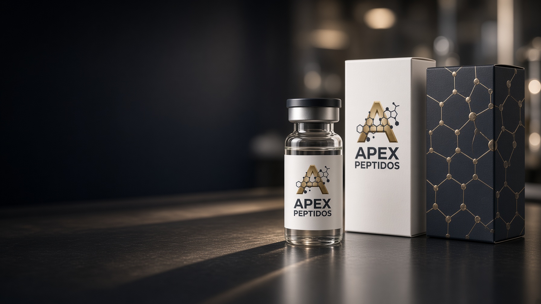 Empaque y viales APEX Péptidos con la A dorada de la marca